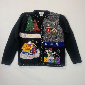 Vintage White Stag Embellished Holiday Cardigan XL Christmas Sweater Beads